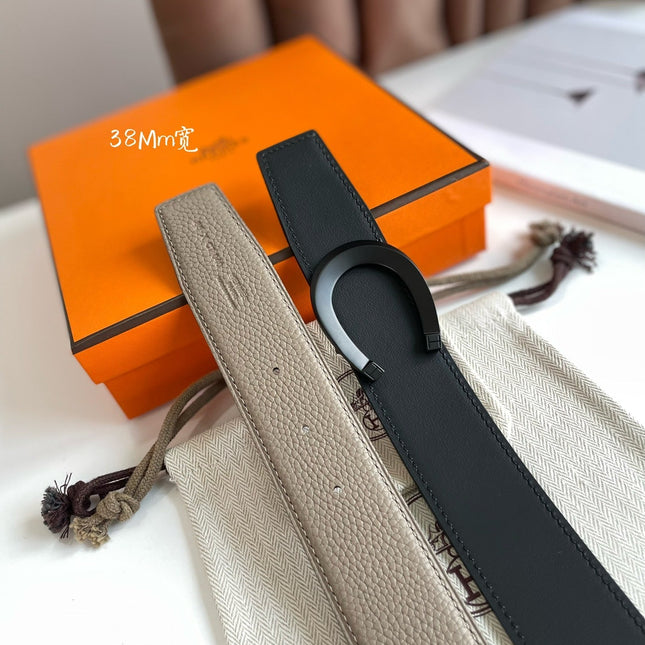 LUCK BELT BUCKLE & REVERSIBLE KHAKI BROWN LEATHER STRAP 38MM BLACK HARDWARE