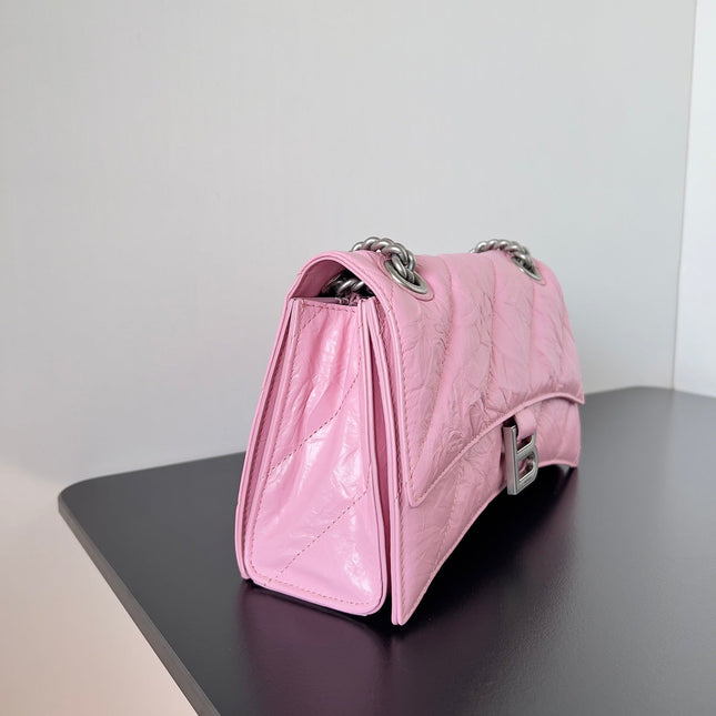 CRUSH CHAINED BAG 25 IN PINK QUILTED CRUSHED CALFSKIN SILVER HARDWARE