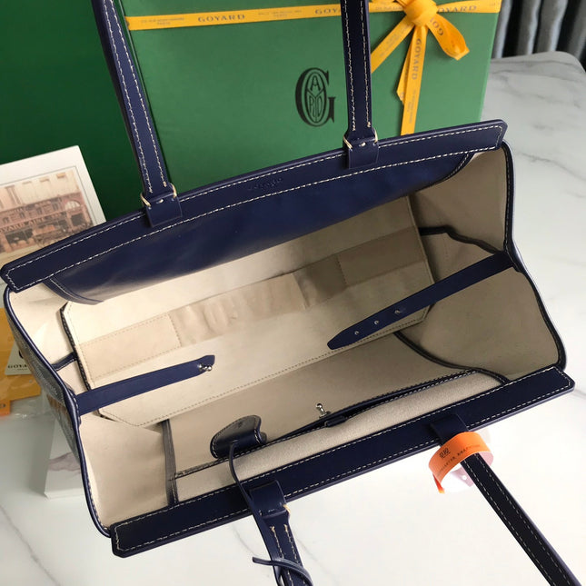 BELLECHASSE BIAUDE PM BAG 36 IN NAVY BLUE GOYARDINE CANVAS AND CALFSKIN TRIM