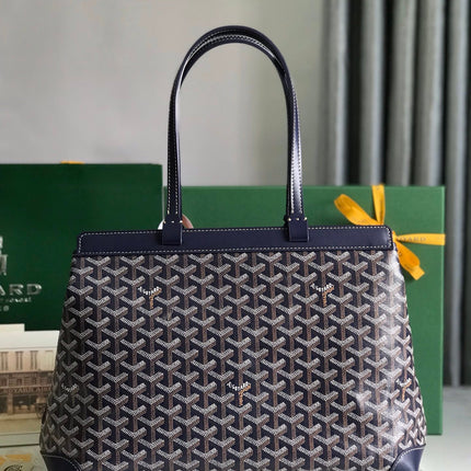 BELLECHASSE BIAUDE PM BAG 36 IN NAVY BLUE GOYARDINE CANVAS AND CALFSKIN TRIM