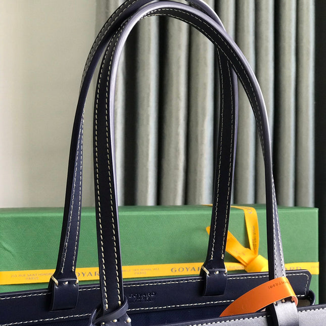 BELLECHASSE BIAUDE PM BAG 36 IN NAVY BLUE GOYARDINE CANVAS AND CALFSKIN TRIM