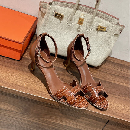 PREMIERE 70 SANDAL IN BRONZE BROWN CROCODILE LEATHER
