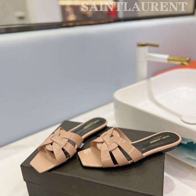 SL TRIBUTE SLIPPERS GLOSSY PINK NUDE CALFSKIN