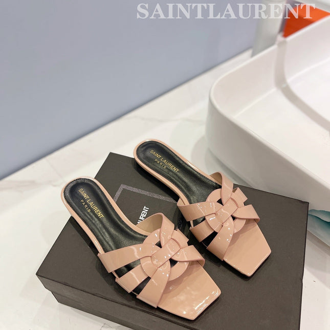 SL TRIBUTE SLIPPERS GLOSSY PINK NUDE CALFSKIN