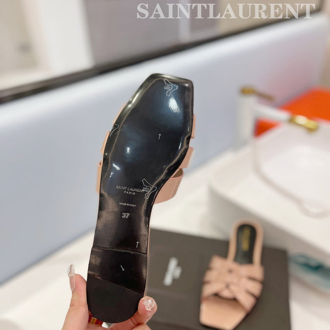 SL TRIBUTE SLIPPERS GLOSSY PINK NUDE CALFSKIN