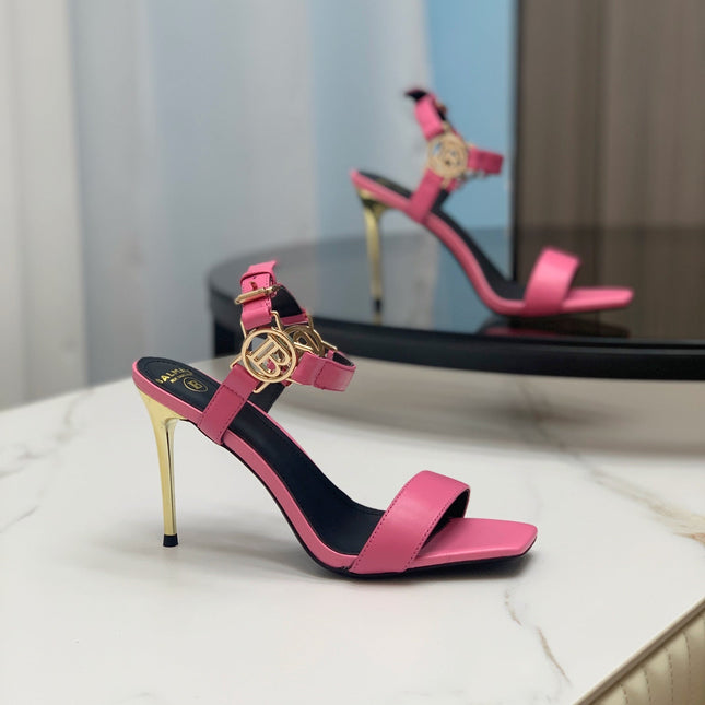 BALMAIN 25S HIGH HEELS WITH B METAL DETAIL 95MM IN PINK CALFSKIN