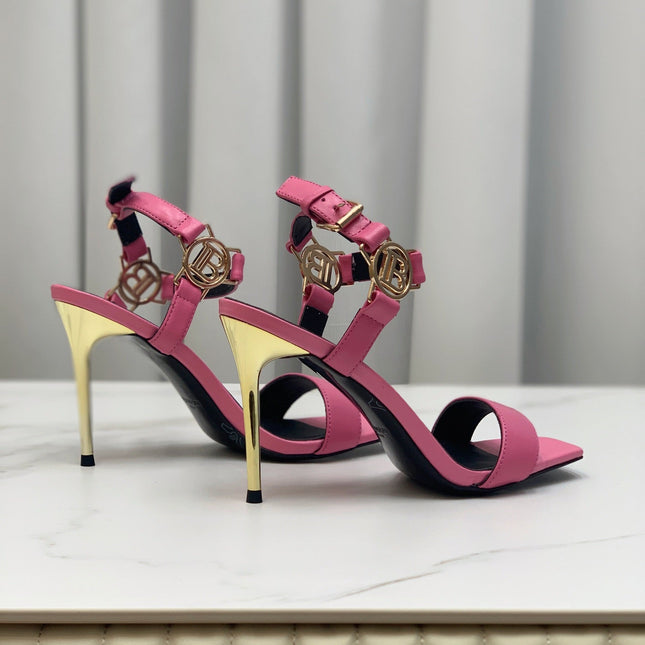 BALMAIN 25S HIGH HEELS WITH B METAL DETAIL 95MM IN PINK CALFSKIN