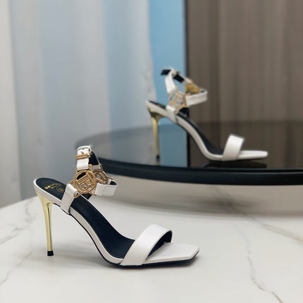 BALMAIN 25S HIGH HEELS WITH B METAL DETAIL 95MM IN LIGHT GRAY CALFSKIN