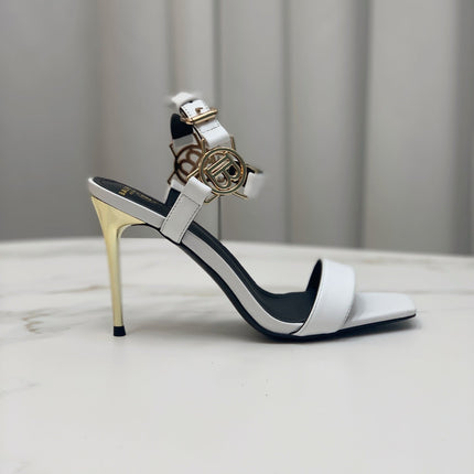 BALMAIN 25S HIGH HEELS WITH B METAL DETAIL 95MM IN LIGHT GRAY CALFSKIN