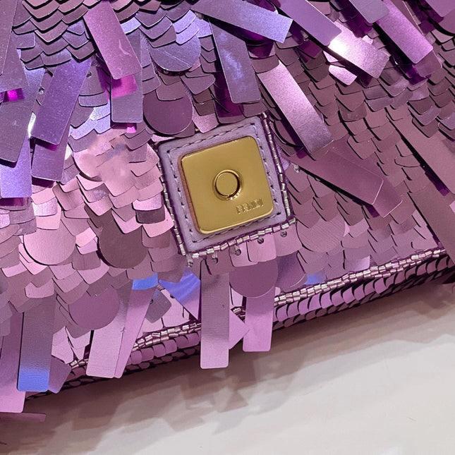 BAGUETTE MINI 19 IN PERIWINKLE PURPLE SEQUINS GOLD HARDWARE