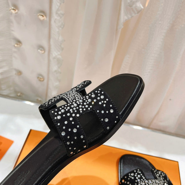 0RAN SANDAL BLACK LAMBSKIN ATTACH CRYSTALS