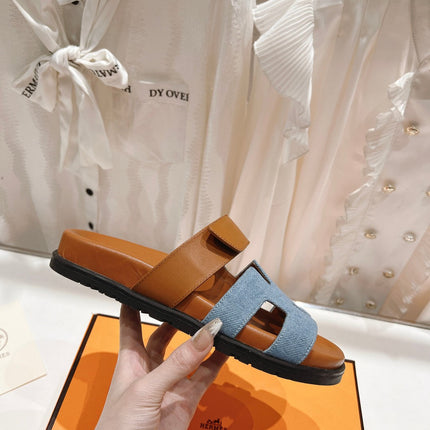 CHYPRE SANDAL BRIGHT BROWN LAMBSKIN AND BLUE DENIM