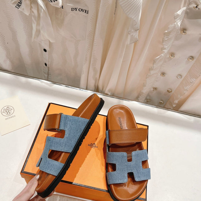 CHYPRE SANDAL BRIGHT BROWN LAMBSKIN AND BLUE DENIM