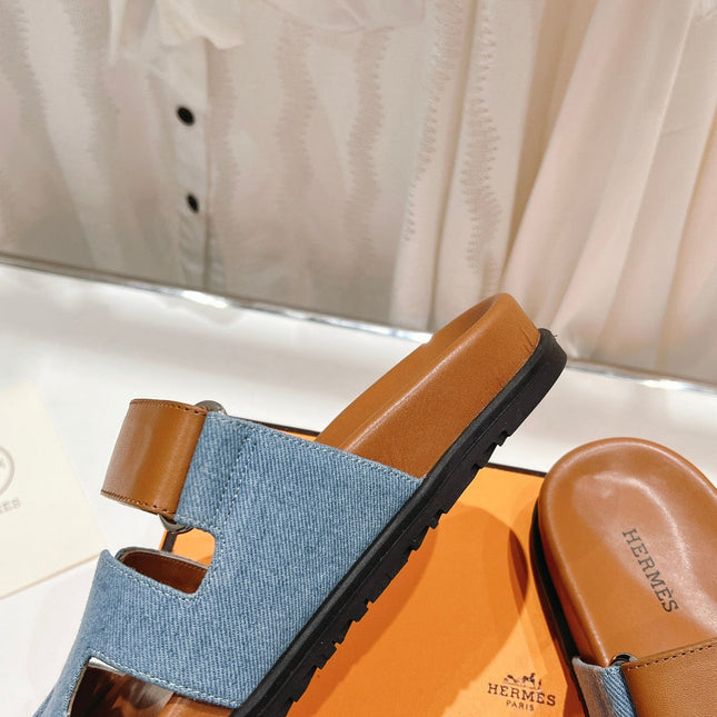 CHYPRE SANDAL BRIGHT BROWN LAMBSKIN AND BLUE DENIM