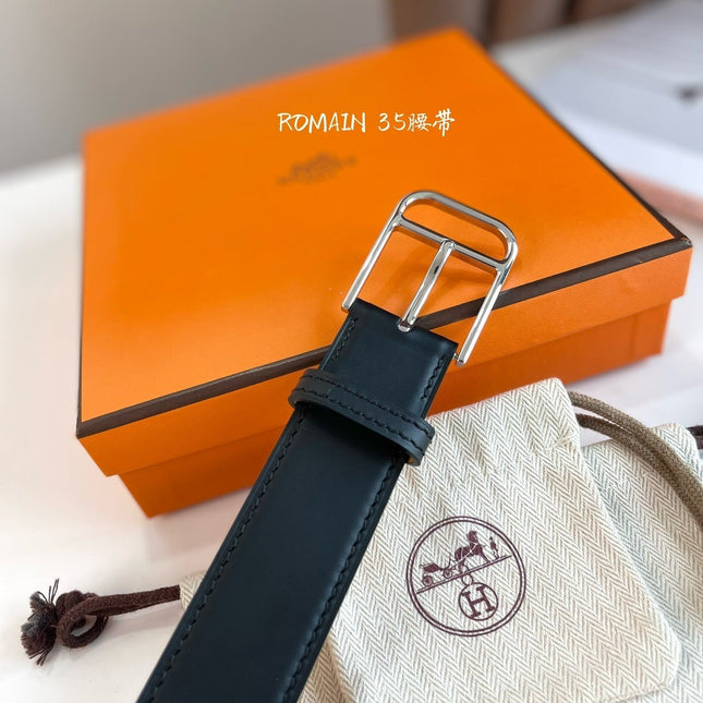 HM ROMAIN 35MM BELT BLACK LEATHER SILVER HARDWARE