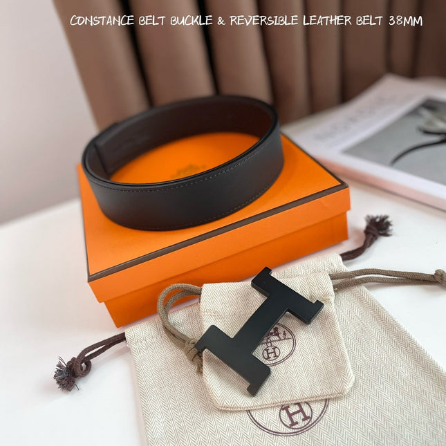 HM CONSTANCE BELT BUCKLE & REVERSIBLE CHOCOLATE BROWN AND BLACK LEATHER STRAP 38MM