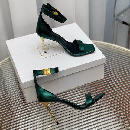 BALMAIN 25S METAL BUCKLE HIGH HEELS 95MM IN TEAL GREEN CALFSKIN