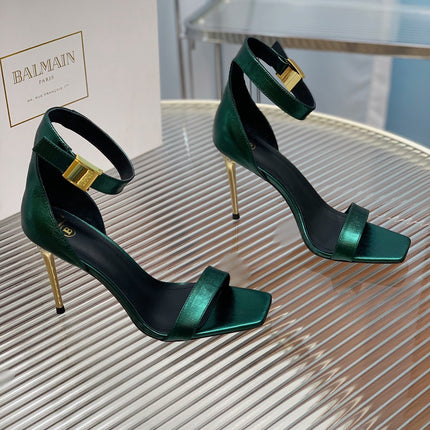 BALMAIN 25S METAL BUCKLE HIGH HEELS 95MM IN TEAL GREEN CALFSKIN