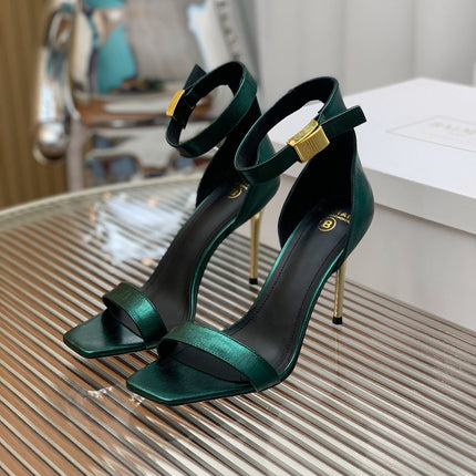 BALMAIN 25S METAL BUCKLE HIGH HEELS 95MM IN TEAL GREEN CALFSKIN