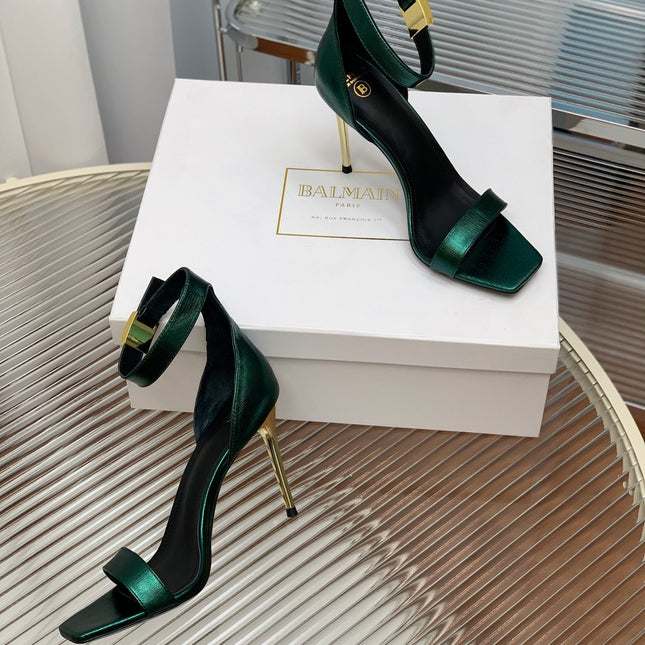 BALMAIN 25S METAL BUCKLE HIGH HEELS 95MM IN TEAL GREEN CALFSKIN