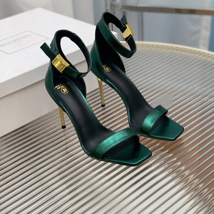 BALMAIN 25S METAL BUCKLE HIGH HEELS 95MM IN TEAL GREEN CALFSKIN
