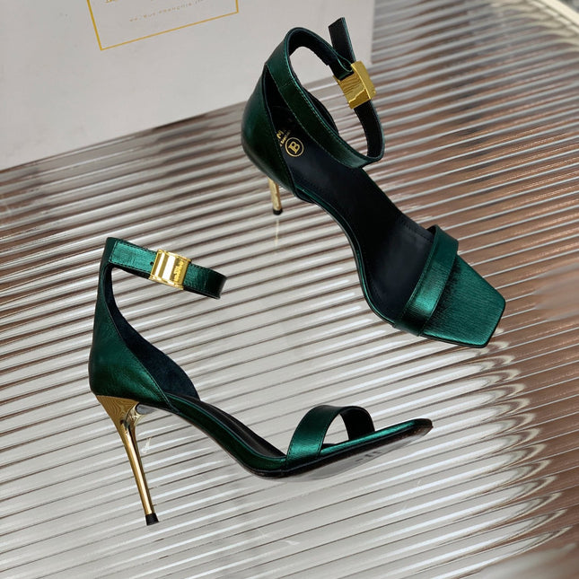 BALMAIN 25S METAL BUCKLE HIGH HEELS 95MM IN TEAL GREEN CALFSKIN