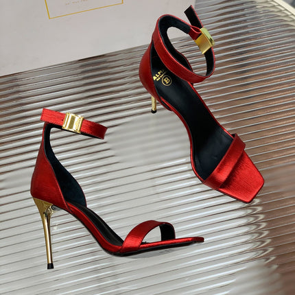 BALMAIN 25S METAL BUCKLE HIGH HEELS 95MM IN CHERRY RED CALFSKIN