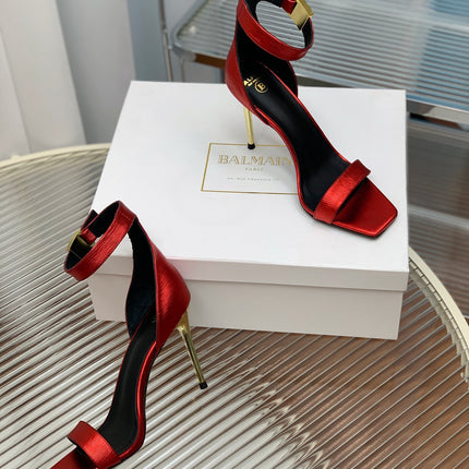 BALMAIN 25S METAL BUCKLE HIGH HEELS 95MM IN CHERRY RED CALFSKIN