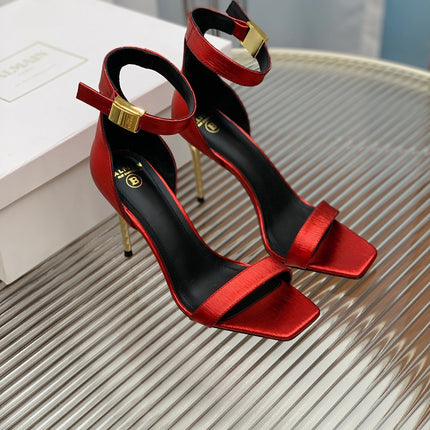 BALMAIN 25S METAL BUCKLE HIGH HEELS 95MM IN CHERRY RED CALFSKIN