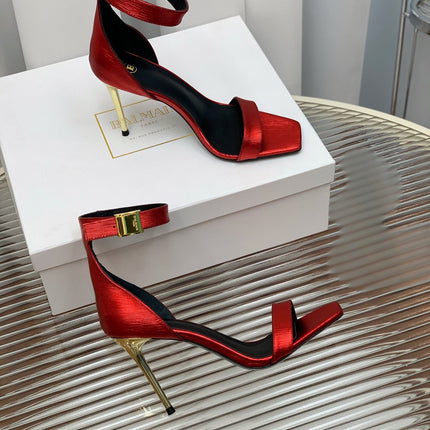 BALMAIN 25S METAL BUCKLE HIGH HEELS 95MM IN CHERRY RED CALFSKIN