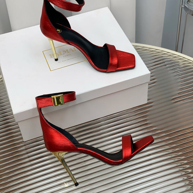BALMAIN 25S METAL BUCKLE HIGH HEELS 95MM IN CHERRY RED CALFSKIN