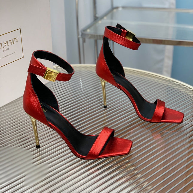 BALMAIN 25S METAL BUCKLE HIGH HEELS 95MM IN CHERRY RED CALFSKIN