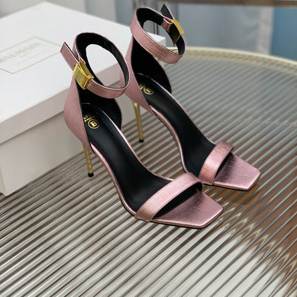 BALMAIN 25S METAL BUCKLE HIGH HEELS 95MM IN IRIDESCENT PURPLE CALFSKIN