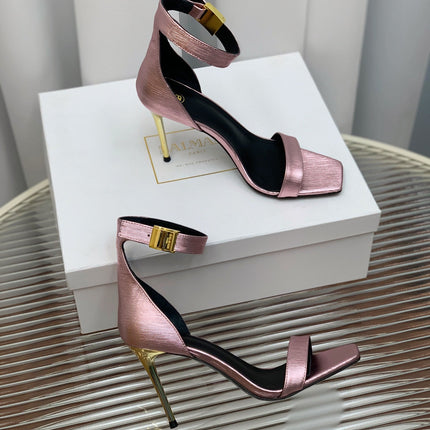 BALMAIN 25S METAL BUCKLE HIGH HEELS 95MM IN IRIDESCENT PURPLE CALFSKIN