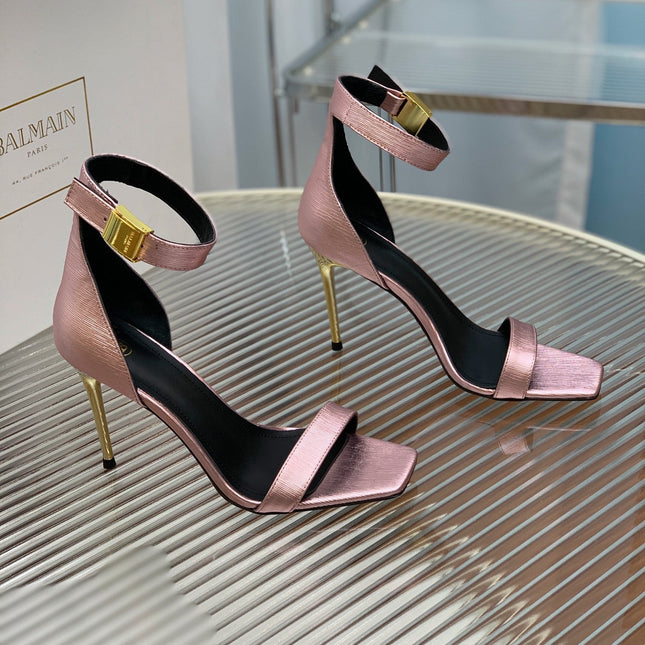 BALMAIN 25S METAL BUCKLE HIGH HEELS 95MM IN IRIDESCENT PURPLE CALFSKIN