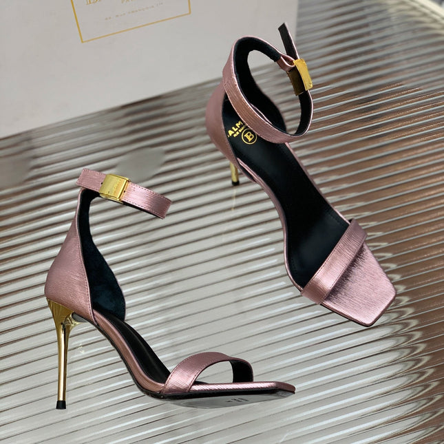 BALMAIN 25S METAL BUCKLE HIGH HEELS 95MM IN IRIDESCENT PURPLE CALFSKIN