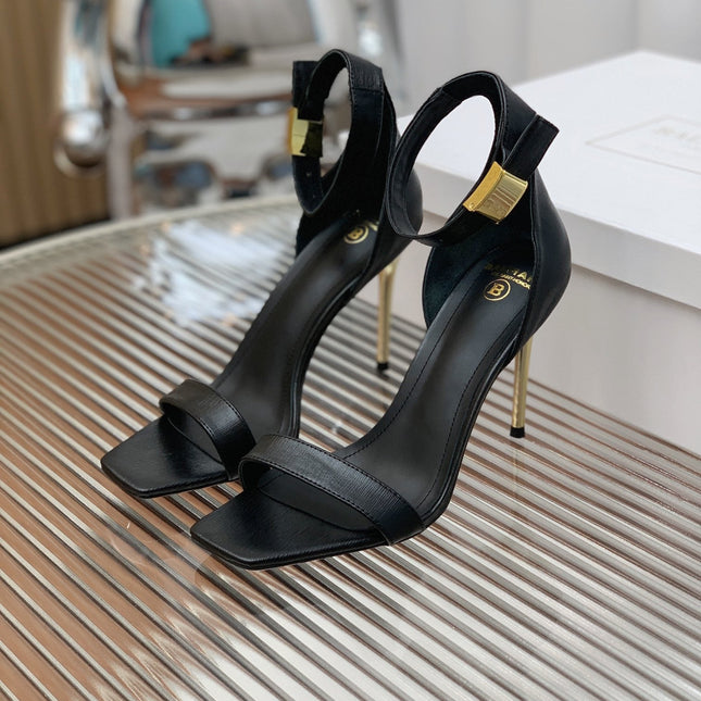 BALMAIN 25S METAL BUCKLE HIGH HEELS 95MM IN BLACK CALFSKIN