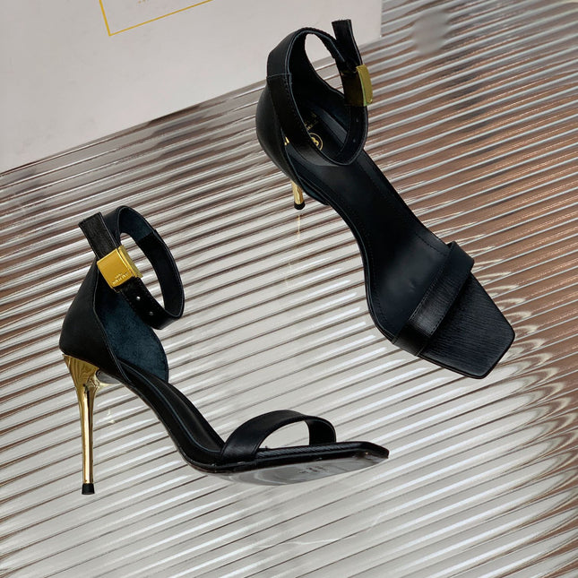 BALMAIN 25S METAL BUCKLE HIGH HEELS 95MM IN BLACK CALFSKIN