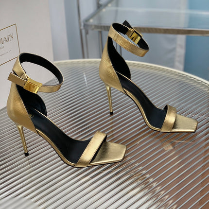 BALMAIN 25S METAL BUCKLE HIGH HEELS 95MM IN GOLD CALFSKIN