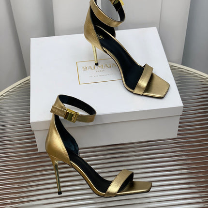 BALMAIN 25S METAL BUCKLE HIGH HEELS 95MM IN GOLD CALFSKIN