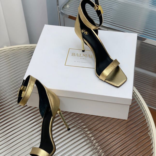 BALMAIN 25S METAL BUCKLE HIGH HEELS 95MM IN GOLD CALFSKIN