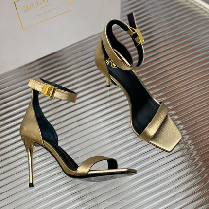 BALMAIN 25S METAL BUCKLE HIGH HEELS 95MM IN GOLD CALFSKIN