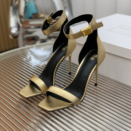 BALMAIN 25S METAL BUCKLE HIGH HEELS 95MM IN GOLD CALFSKIN