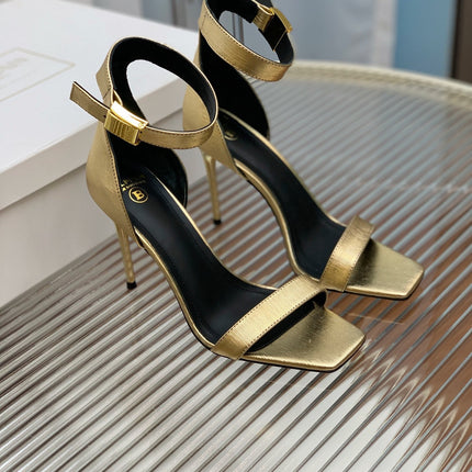BALMAIN 25S METAL BUCKLE HIGH HEELS 95MM IN GOLD CALFSKIN