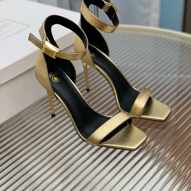 BALMAIN 25S METAL BUCKLE HIGH HEELS 95MM IN GOLD CALFSKIN