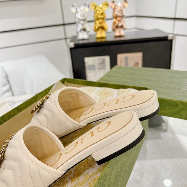 GG SPARKLE CRYSTAL SLIDE SANDAL CREAM CALFSKIN