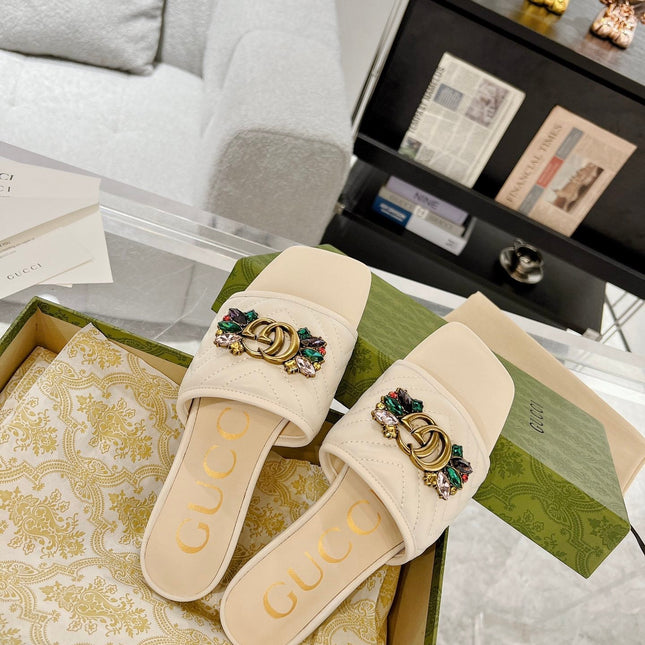 GG SPARKLE CRYSTAL SLIDE SANDAL CREAM CALFSKIN