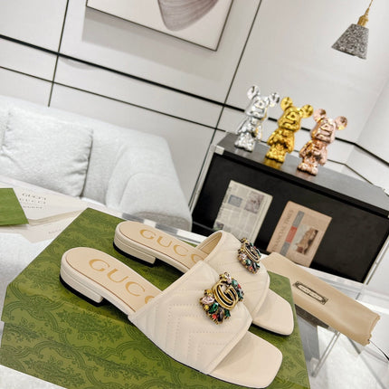 GG SPARKLE CRYSTAL SLIDE SANDAL CREAM CALFSKIN