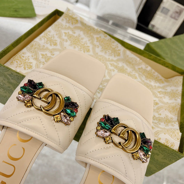 GG SPARKLE CRYSTAL SLIDE SANDAL CREAM CALFSKIN