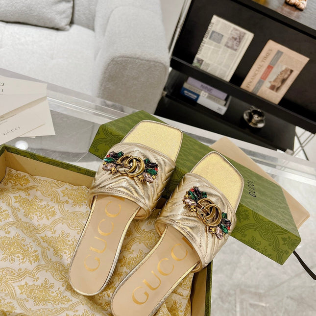 GG SPARKLE CRYSTAL SLIDE SANDAL METALLIC GOLD CALFSKIN